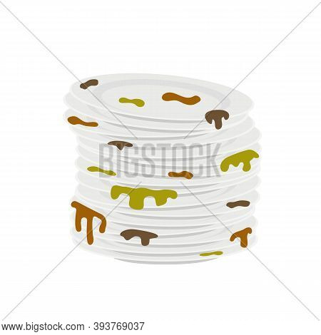 Stacks Of Dirty Plates With Scraps And Leftover Food Isolated On White Background. Vector Illustrati