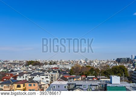 Skyline In Setagaya Ward In Sunny Day With Blue Sky, Tokyo, Japan