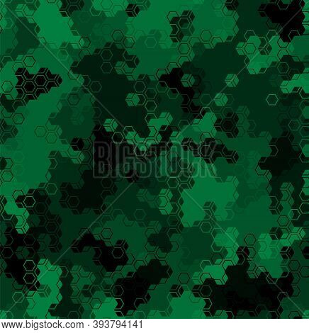 Emerald Pattern Of Hexagons. Dark Deep Green And Black Halfrones Colors