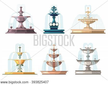 Cartoon Fountains. Outdoor Gardening Decorative Symbols Nature Water Fountains Vector Collection. Pa