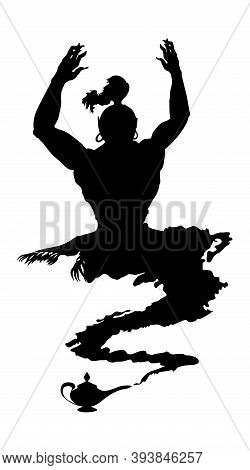 Arabic Genie Lamp Black Silhouette Isolated On White Background. Outline Of Figure Of Hero Of Easter