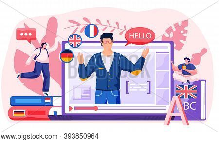 Online Internet Language Courses. Foreign Speech Study At Home Using Computer. Man Teacher Says Hell