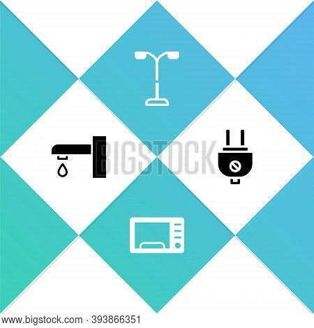 Set Water Tap, Microwave Oven, Street Light And Electric Plug Icon. Vector