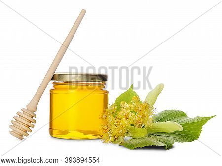 Jar Of Linden Honey, Honey Dipper And Lime Flowers With Leaves Isolated On White Background.
