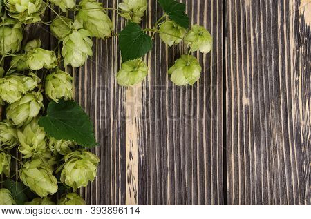 Flat Lay Composition With Pile Of Green Fresh-picked Hop Cones On Old Wood, Empty Place For Text Ing