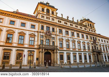 Prague, Czech Republic - September 19, 2020. Hradcanske Namesti Square Without People During Travel 