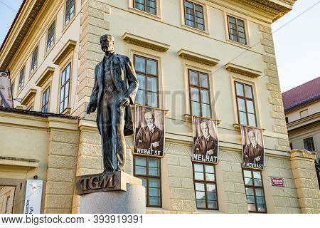 Prague, Czech Republic - September 19, 2020. Statue Of President With His Posters In Background With
