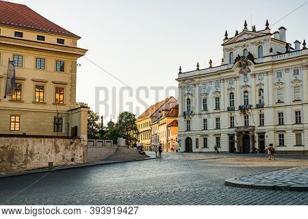 Prague, Czech Republic - September 19, 2020. Hradcanske Namesti Square Without People During Travel 