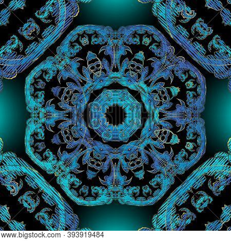 Embroidery Baroque Vector Seamless Pattern. Colorful Floral Glowing Background. Tapestry Wallpaper. 