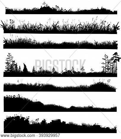 Realistic Black And White Vector Bundle Of Silhouettes Of The Ground With Grass, Flowers, Spikelets,