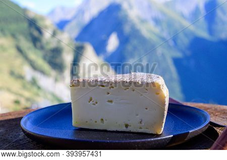 Cheese Collection, French Tomme De Savoie Or Tome Des Bauges Cheese Served Outdoor With Alpine Mount
