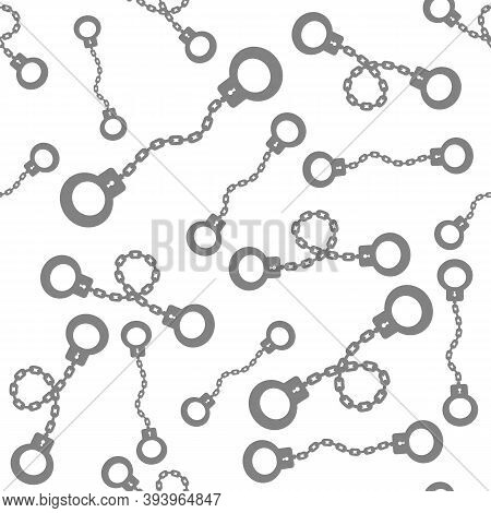 Grey Metal Handcuffs Seamless Pattern Isolated On White Background.