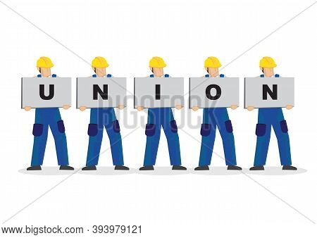 A Group Of Blue Collar Workers With Placards To Form The Text Union. Concept Of Worker Union Or Team