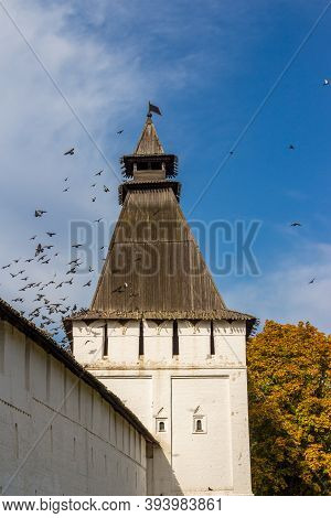 The Tower Of The Borovsky Monastery And A Flying Flock Of Pigeons. Pafnutyev-borovsky Orthodox Monas