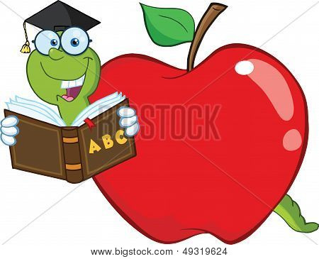 Happy Worm In Red Apple Reading A School Book