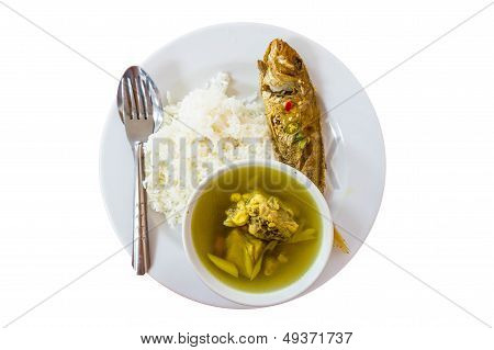 chicken soup and fried fish rice.