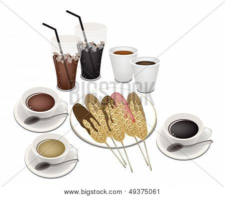 Hot Coffee And Iced Coffee With Hot Dog