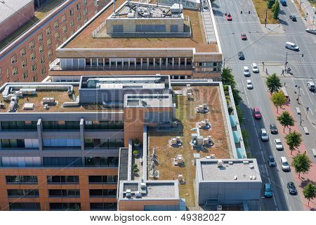 Aerial View At Roofs Modern Office Buildings
