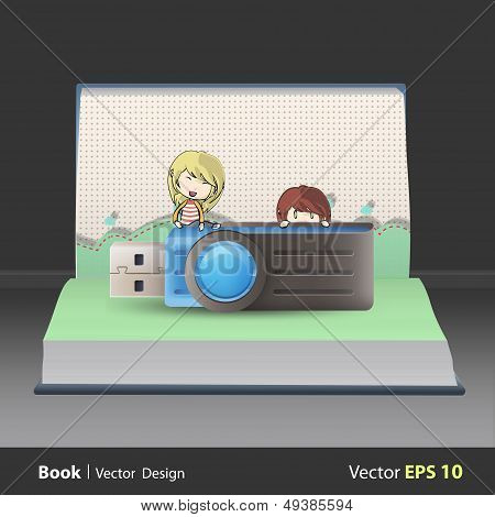 Kids Holding Blue Pendrive On Book. Vector Design