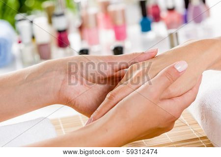Close up of process of hand massage at beauty salon