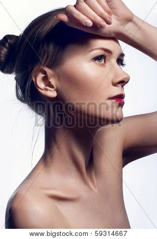 Portrait ob beautiful young woman on white background