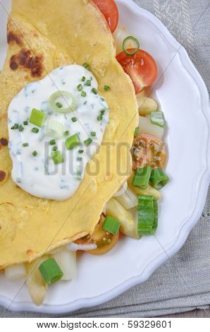 Pancakes filled with Asparagus and fresh vegetables.