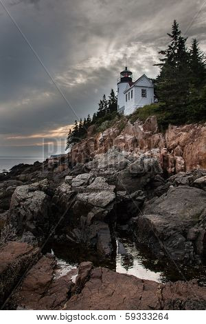 BASS HARBOR-JULY 08:Bass Harbor Lighthouse overlooking Atlantic Ocean in Maine, USA on July 08, 2013.