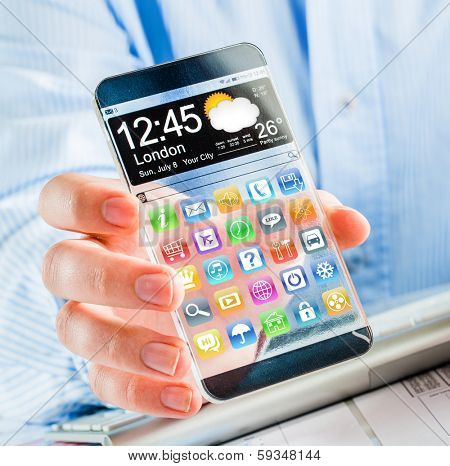 Smartphone (phablet) with a transparent display in human hands. Concept actual future innovative ideas and best technologies humanity.