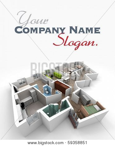 3D rendering of a roofless architecture model showing an apartment interior fully furnished 