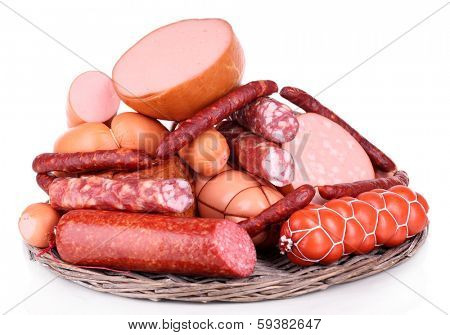 Lot of different sausages isolated on white