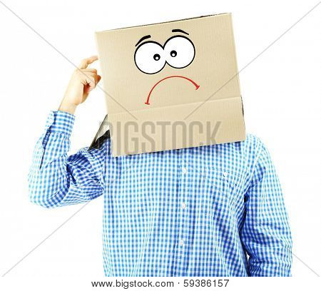 Man with cardboard box on his head isolated on white