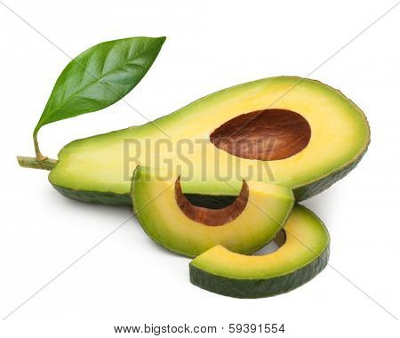 Avocado with leaf isolated on a white background.