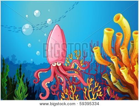 Illustration of an octopus under the ocean on a white background