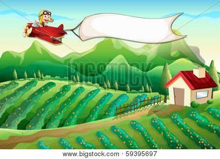 Illustration of a pilot with an empty banner flying above the farm