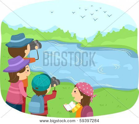 Illustration of a Group of Kids Watching Birds Near a Lake