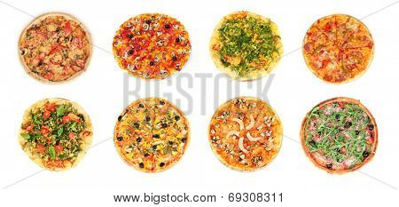 Collage of different pizza isolated on white