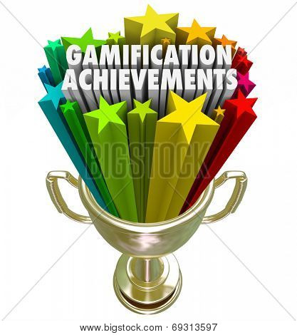 Gamification Achievement words and stars shooting out of a golden trophy as a prize or reward for advancing or winning an online competition or game