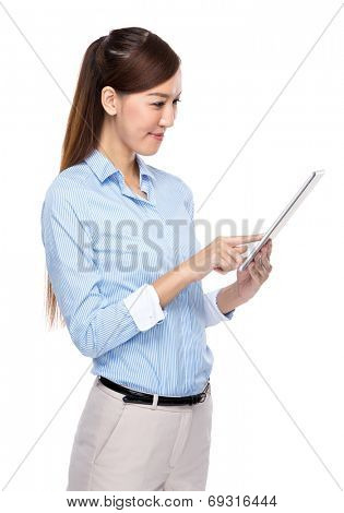 Asian businesswoman use tablet on white background