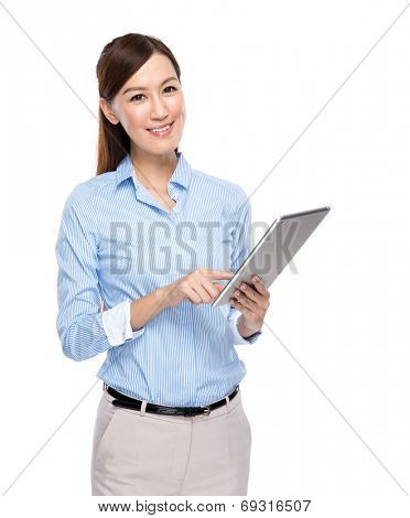 Asian businesswoman use tablet on white background