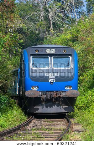 ELLA, SRI LANKA - MARCH 2, 2014: Train on railway in forest. Trains go to Colombo and Kandy from Ella.