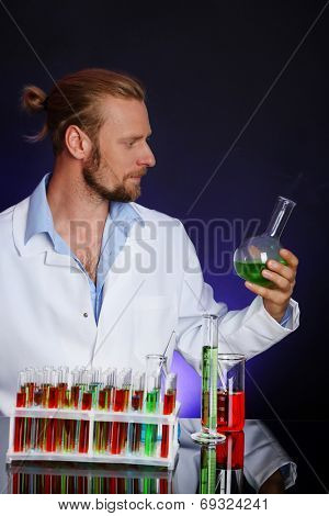 Crazy scientist working in laboratory