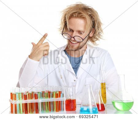 Crazy scientist working with tubes isolated on white