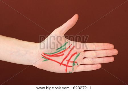 Chiromancy.Color contours on palm, on color background