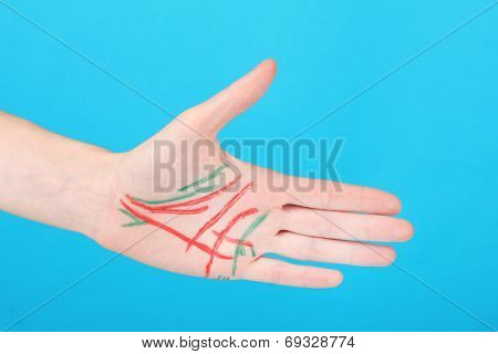 Chiromancy.Color contours on palm, on color background