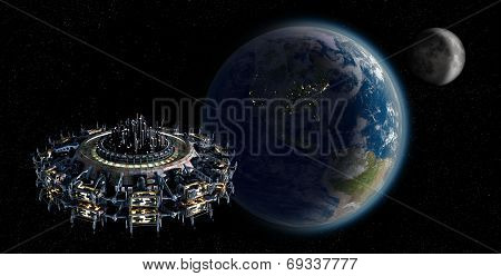 Alien mothership UFO nearing Earth with copy space background