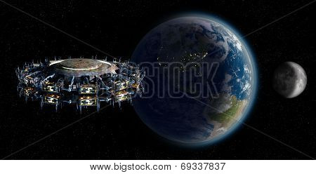 Alien mothership UFO nearing Earth with copy space background