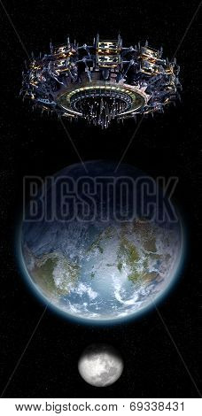 Alien mothership UFO nearing Earth with copy space background