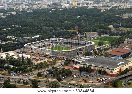 Stadium Legia football club construction in progress. Aerial view from 05.08.2009. Editorial image. Warsaw, Poland
