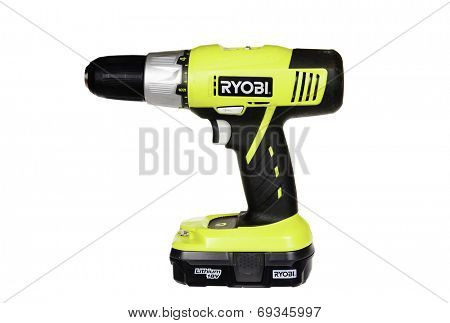 Hayward, CA - July 30, 2014: Ryobi electric battery powered drill with Lithium battery