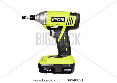 Hayward, CA - July 30, 2014:  Ryobi electric battery powered impact wrench with Lithium battery